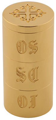 3 5/8"H x 1 11/16"D.  Solid Brass, 24k bright gold plated. Engraved OI, OS, SC.  Engraved cross on cover. 