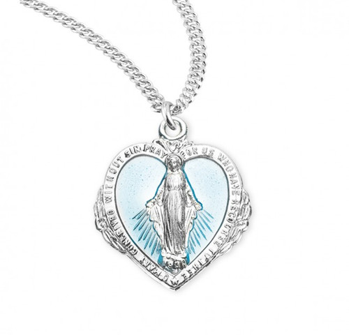 1 1/8" Solid .925 sterling silver Blue Enameled Miraculous Medal. Light Blue Enameled Miraculous Medal Pendant comes on a 20" genuine rhodium plated curb chain. Dimensions: 1.0" x 0.9" (25mm x 22mm).  A deluxe velour gift box is included. 

