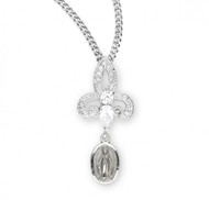 Sterling Silver Miraculous Medal hangs from a lily shaped pendant with Swarovski crystal set cubic zircons. Dimensions: 1.3" x 0.6" (32mm x 15mm). Supplied with an 18" genuine rhodium plated chain in a deluxe gift box.  Made in the USA.