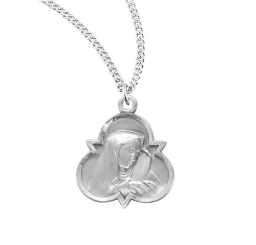 7/8" Sterling Silver Our Lady of Sorrows Our Lady of Sorrows, Patroness of Slovakia Medal comes on a 16" genuine rhodium plated curb chain.  Deluxe velvet gift box included.  Made in USA.