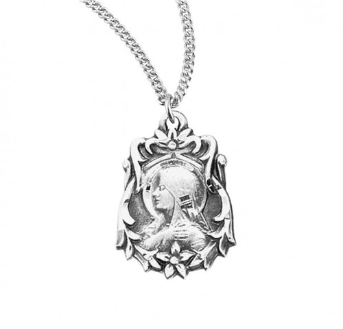13/16" Round Sterling Silver Our Lady of Sorrows Medal on an 18" genuine rhodium plated chain. Deluxe gift box included. 
