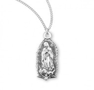 3/4" Sterling Silver  Our Lady of Guadalupe pendant on an 18" genuine rhodium plated curb chain. Comes in a deluxe velour gift box. Made in the USA