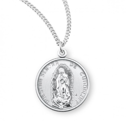 1 1/16" Sterling silver Our Lady of Guadalupe Floral Medal on an 18" rhodium or gold plated chain in a deluxe velour gift box.