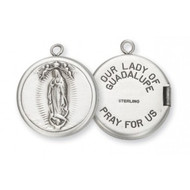 1 1/16" Our Lady of Guadalupe Locket which holds two Round Pictures.  Medal is all sterling silver with a genuine rhodium-plated 24" chain. Comes in a deluxe velour gift box. Prices subject to change without notice.