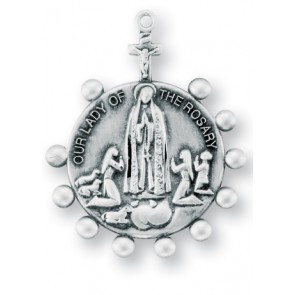 1 1/4" Sterling Silver Our Lady of The Rosary Medal on a 24" rhodium plated curb chain.  Comes in a deluxe velour gift box.
