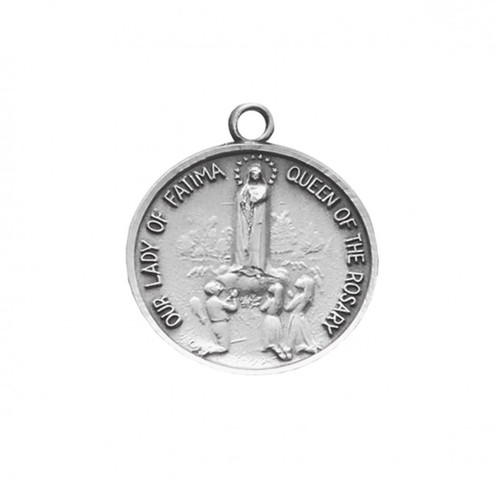 15/16" Sterling Silver Our Lady of Fatima Medal. A 18" rhodium plated curb chain is included. Deluxe Velour Gift Box. Made in the USA. 