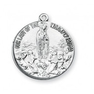 1" Sterling Silver Our Lady of Fatima Medal. A 18" rhodium plated curb chain is included. Deluxe Velour Gift Box. Made in the USA. 
