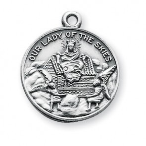 15/16" Sterling Silver Our Lady of Loretto Medal. A 18" rhodium plated curb chain is included. Medal comes in a deluxe velour gift box. Solid .925 sterling silver. Dimensions: 0.9" x 0.8" (24mm x 20mm).  Weight of medal: 4.0 Grams.  Made in the USA. 
