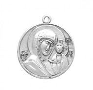 1"  Sterling Silver Madonna and Child Medal. Comes on a 124" rhodium plated curb chain.   A deluxe velour gift box is included. Dimensions: 1.0" x 0.9" (25mm x 22mm). Solid .925 sterling silver.  Weight of medal: 4.6 Grams.  Made in the USA.