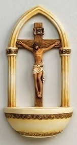 7" Crucifix Holy Water Font florentine Style. Resin/Stone Mix