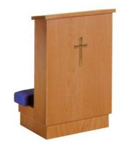 Prie dieu is built with a shelf and can be made with a wooden or padded armrest and kneeler. Dimensions: 34" height, 22" width, 18" depth.  Brass cross available at additional charge