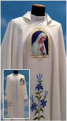 Marian Chasuble  made of Primavera fabric (100% polyester), with embroidered Marian symbol on the front and back. Inside stole included. This garment is imported from Italy. Please allow 4 to 8 weeks for delivery. Stole Available at an additional cost. 
