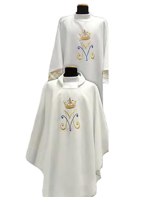 Marian Chasuble or Dalmatic made of Primavera fabric (100% polyester), with embroidered Marian symbol on the front and back. Inside stole included.  This garment is imported from Italy. Please allow 4 to 8 weeks for delivery if not in stock.