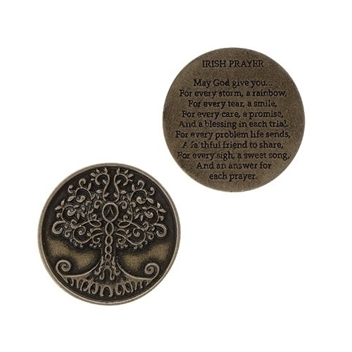 1.25" Round Tree of Life Pocket Token.  Tree of Life Pocket Token shows the Tree of Life on one side, and on the flip side is an Irish Prayer. "May God give a rainbow for every storm....."