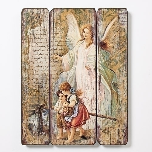 15"H. Three panel medium density fiberboard depicting the Guardian Angel