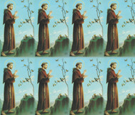 St Francis paper holy card from the Bonella Line.  Bonella artwork is known throughout the world for its beautiful renditions of the Christ, Blessed Mother and the Saints. 8 1/2" x 11" sheets with tab that separates into 8- 2 1/2" x 4 1/4" cards.  No charge for personalization.  Can be laminated at an additional cost.  ( Price per sheet of 8)