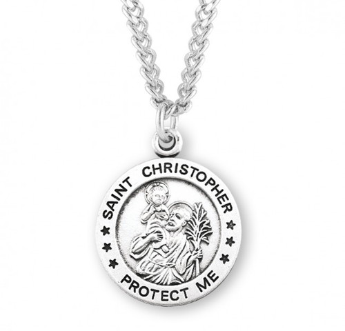 Sterling Silver Saint Christopher medal.  Sterling Silver St. Christopher medal is supplied with a 24" genuine rhodium plated endless curb chain. St Christopher Medal comes  in a deluxe gift box.  Dimensions: 1.0" x 0.8" (25mm x 20mm). Made in the USA!  