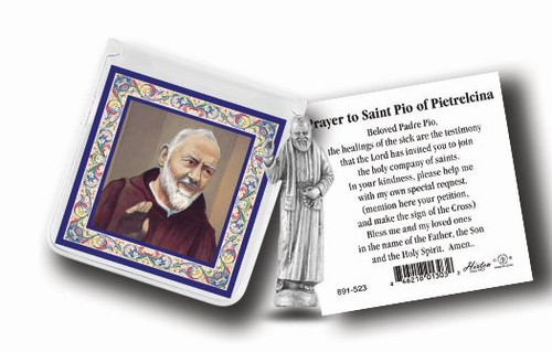 1 1/2" pocket statue with a 3" x 3" gold stamped prayer card in a soft, clear vinyl pocket. 