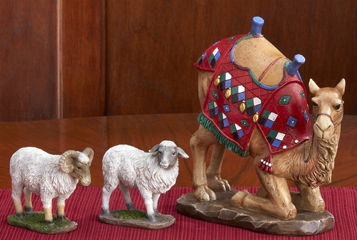 Set includes one ewe, one ram, and one brightly dressed camel
Available in three sizes to perfectly match your Three King's Nativity Set
The sheep are modeled after the breed of sheep found in Bethlehem
Painted with realistic and intricate attention to detail