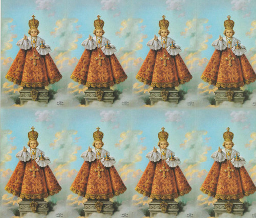 The Infant of Prague paper holy card from the Bonella Line.  Bonella artwork is known throughout the world for its beautiful renditions of the Christ, Blessed Mother and the Saints. 8 1/2" x 11" sheets with tab that separates into 8- 2 1/2" x 4 1/4" cards.  No charge for personalization.  Can be laminated at an additional cost.  ( Price per sheet of 8)