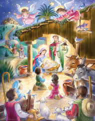 Children gather in the manger as angels hover above in this traditional Nativity Advent calendar. Countdown to Christmas by opening a window each day during Advent to reveal a special picture. The front is accentuated with glitter and bible text that follows the story of the Nativity is presented on the back of each window. This Advent calendar measures 11"x14". Easy to hang or display anywhere! Artwork by Randy Wollenmann.