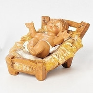 Fontanini 5" scale baby Jesus in crib. Made of unbreakable polymer