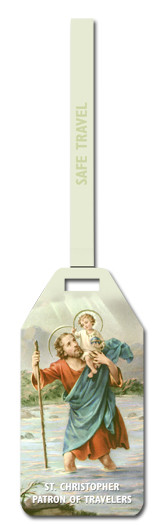 St. Christopher Flexible Poly Luggage Tag. Dimensions: 2-1/8" x 4-1/8" . Reverse side for has space for your personal information.