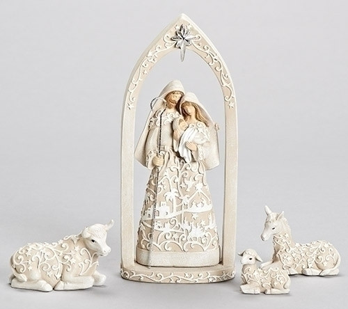 Image of the 4-Piece Papercut Holy Family Nativity Set With Stable Animals sold by St. Jude Shop.