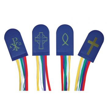 14" five ribbon bookmark with cross and flame tab. Ribbon colors are purple, yellow, red, white and green stitched in a navy blue vinyl tab. 