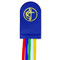 UMC 14" five ribbon bookmark with cross and flame tab. Ribbon colors are purple, yellow, red, white and green stitched in a navy blue vinyl tab. 