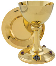 24kt gold plate. Ht. 7 3/8"  14oz.  6 3/4" well paten. Accented with amethyst stones and etched Celtic design