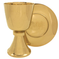 24kt gold plate. Ht. 7",  16oz.,  7" footed paten with etchings in Latin and of the  Last Supper.