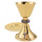 Chalice A-2021G24kt gold plate. Ht. 6 5/8",  8oz.,  6" well paten with hammered text in Latin inscription around top of cup

Ciborium B-2022G- 24kt gold plate. Height 9 3/4". Host 175 based on 1 3/8" host. 