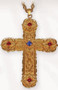 Gold Plated Pectoral Cross - 3-3/8" x 4-1/2" - Gold plated cross has  four red stones and one center blue stone on a 36" rhodium plated chain