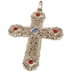 Oxidized Silver Pectoral Cross ~ 3-3/8" x 4-1/2", Oxidized Silver with four red stones and one center blue stone on a 36" rhodium plated chain
