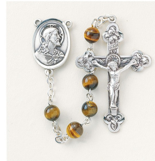 Pewter rosary made with 6mm round genuine tiger eye beads. Pewter Scapular centerpiece and 1-3/4”crucifix. Handmade in the USA with New England pewter. Presented in a deluxe velour metal gift box. 