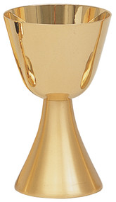 Gold Plated Chalice with 5-1/2" Scale Paten. Satin, with base plate. 6" height, 3-3/4" diameter cup. 3" base, 8 oz capacity. 
