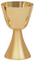 Gold Plated Chalice with 5-1/2" Scale Paten. Satin, with base plate. 6" height, 3-3/4" diameter cup. 3" base, 8 oz capacity. 