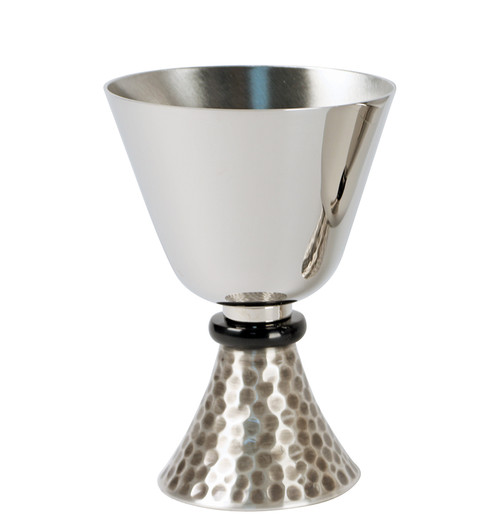 Stainless steel cup with black DELRIN (synthetic) node. Silver plated hammered finish on base. 5-5/8" height, 3-3/4" diameter cup, 3" base, 8 ounce capacity. 