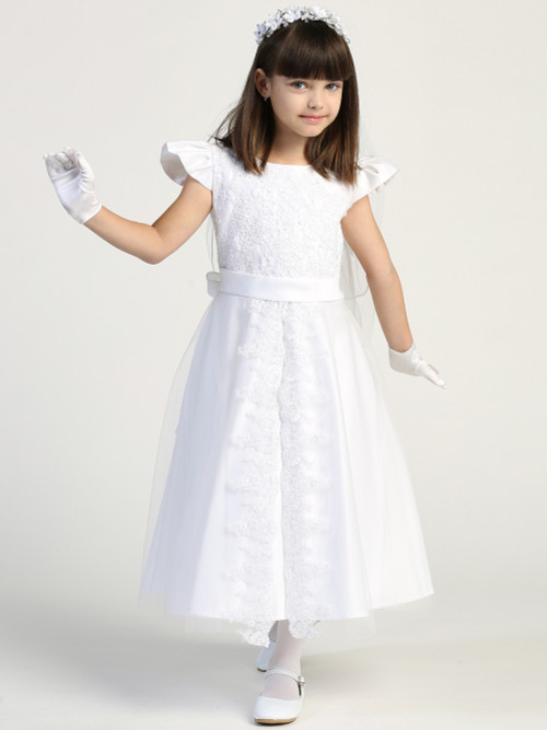 
 Girls tea length satin dress with split lace overlay applique with unique sleeves
