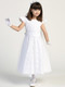 
 Girls tea length satin dress with split lace overlay applique with unique sleeves
