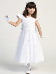 This tea length First Communion gown features a satin bodice with a lace applique which splits over the beautiful satin skirt. This floral applique pattern with carefully capped and designed sleeves gives this dress a little bit of an edge. Don’t wait, order yours today!
Satin Material with Lace Corded Applique
Split Overlay
Tea Length 
Cupped/Flared Sleeves 
Back Buttons 
Sash
Accessories Sold Separately
Made in the U.S.A. 
3 Dress Limit Per Order

 
