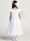 Back of Girls tea length satin dress with white bow
