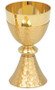 Gold plated, hammered finish. 2-7/8" base. 6" height. 3-3/8" diameter cup. 8 ounce capacity