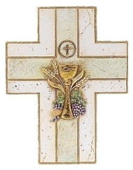 My First Holy Communion Wall Cross with Chalice. Resin/Stone Blend. Measures 6.88"H x 5.25"W x 0.38. Gift Boxed. Matching picture frame and keepsake rosary box available. 