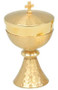 Gold plated, hammered finish, 2-1/2" base. 7" height. 3-7/8" diameter cup. 150 host capacity