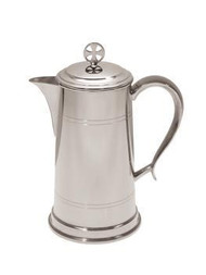 Pewter or Silver Plated Flagon-Communion Set Flagon in Pewter, Silver plate or 24K Gold. Flagon measures 10"H. 48 ounce capacity. Wine will not pit. Made in the USA. Cup (K302) & Paten (K316) are also available. Each sold separately