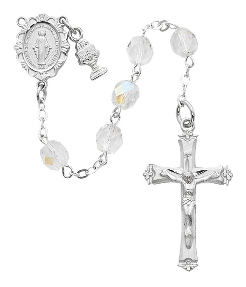 Deluxe Crystal Communion Rosary with a rhodium miraculous medal center, tiny chalice charm and crucifix. Comes in a white leatherette gift box. 