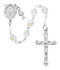 Deluxe Crystal Communion Rosary with a rhodium miraculous medal center, tiny chalice charm and crucifix. Comes in a white leatherette gift box. 