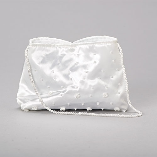 Studded with pearls on exterior. This satin communion purse has a pearl shoulder strap. 56"H x 2"D x 7.5"L.  